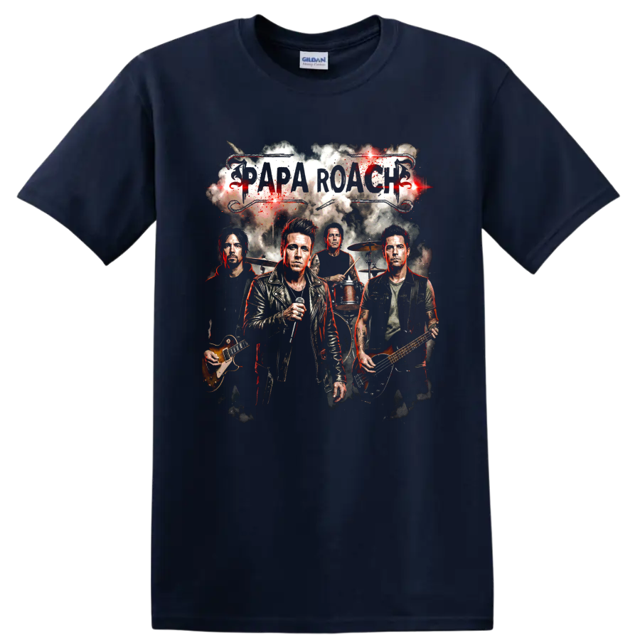 Papa Roach rock band poster with vocalist, guitars, drums, and grunge lettering on a Navy (Blue) T Shirt