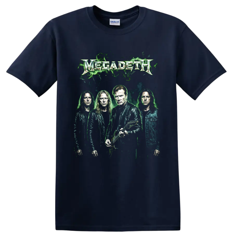 Megadeth Dave Mustaine band portrait with guitar and green smoke graphic on a Navy (Blue) T Shirt