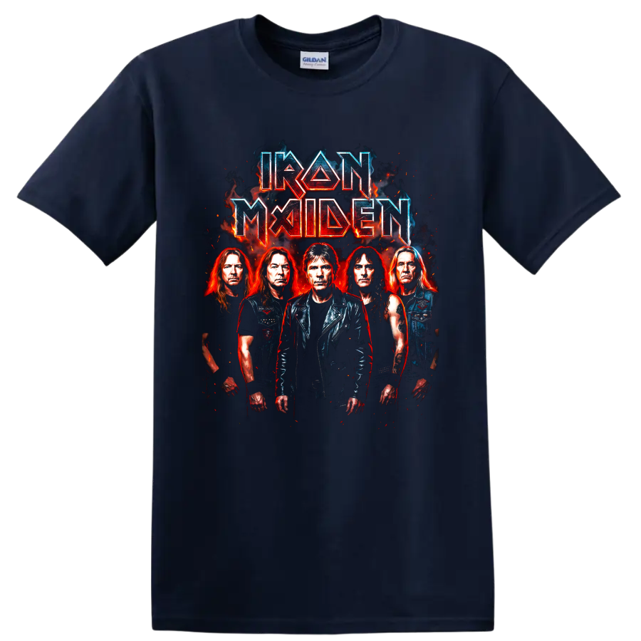 Iron Maiden heavy metal band portrait artwork with fiery angular lettering on a Navy (Blue) T Shirt