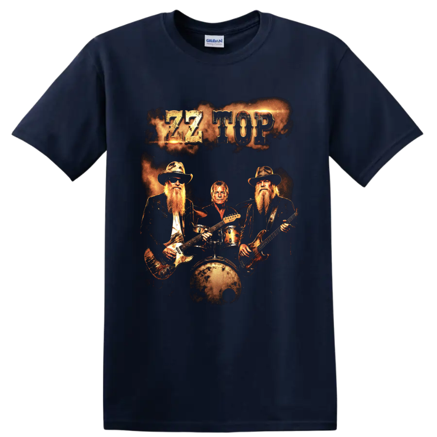 ZZ Top rock band graphic with guitars, drummer, and distressed gold lettering on a Navy (Blue) T Shirt