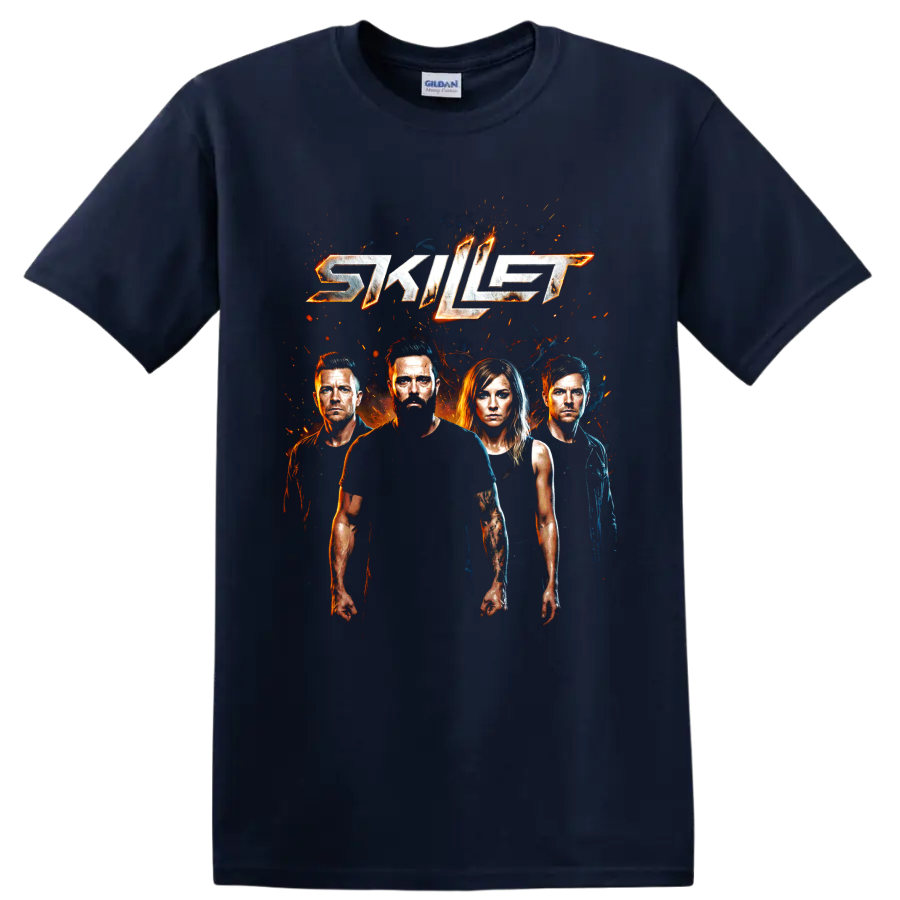 Skillet logo with four band portraits and fiery rock graphic on a Navy (Blue) T Shirt