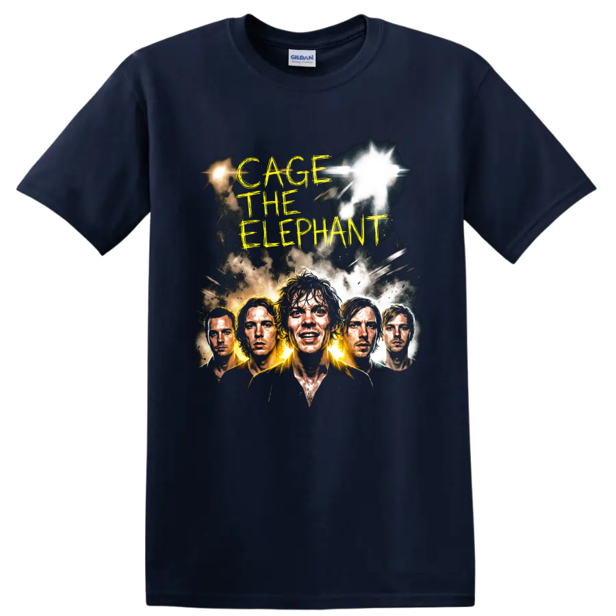 Cage the Elephant alternative rock band portrait graphic with yellow lettering on a Navy (Blue) T Shirt