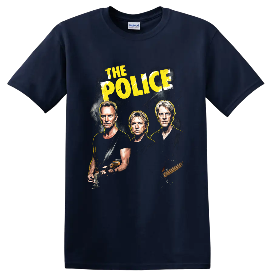 The Police rock band graphic with portraits, guitar, bass, and yellow text on a Navy (Blue) T Shirt