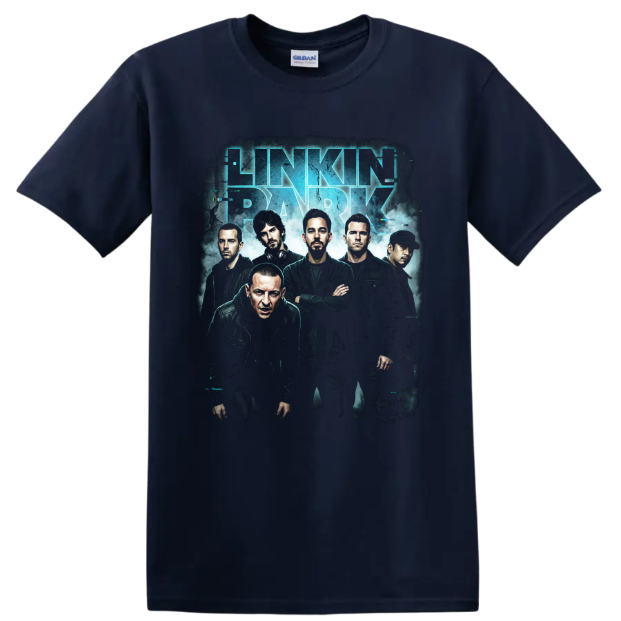 Linkin Park band poster with blue lettering and glitch effects on a Navy (Blue) T Shirt