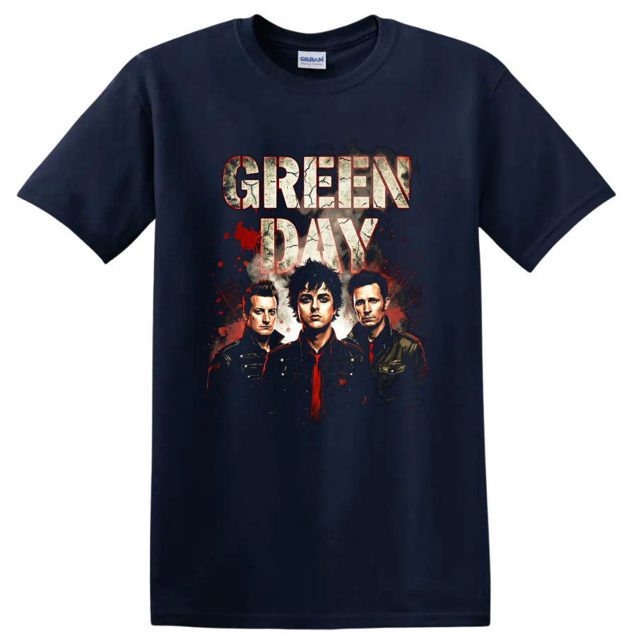 Green Day American Idiot era distressed band portrait graphic print on a Navy (Blue) T Shirt