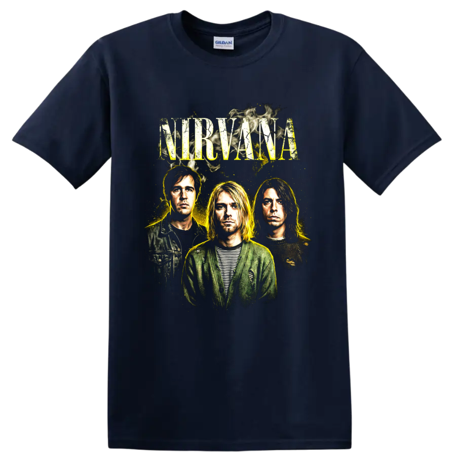 Kurt Cobain Nirvana distressed 1990s grunge band portrait on a Navy (Blue) T Shirt