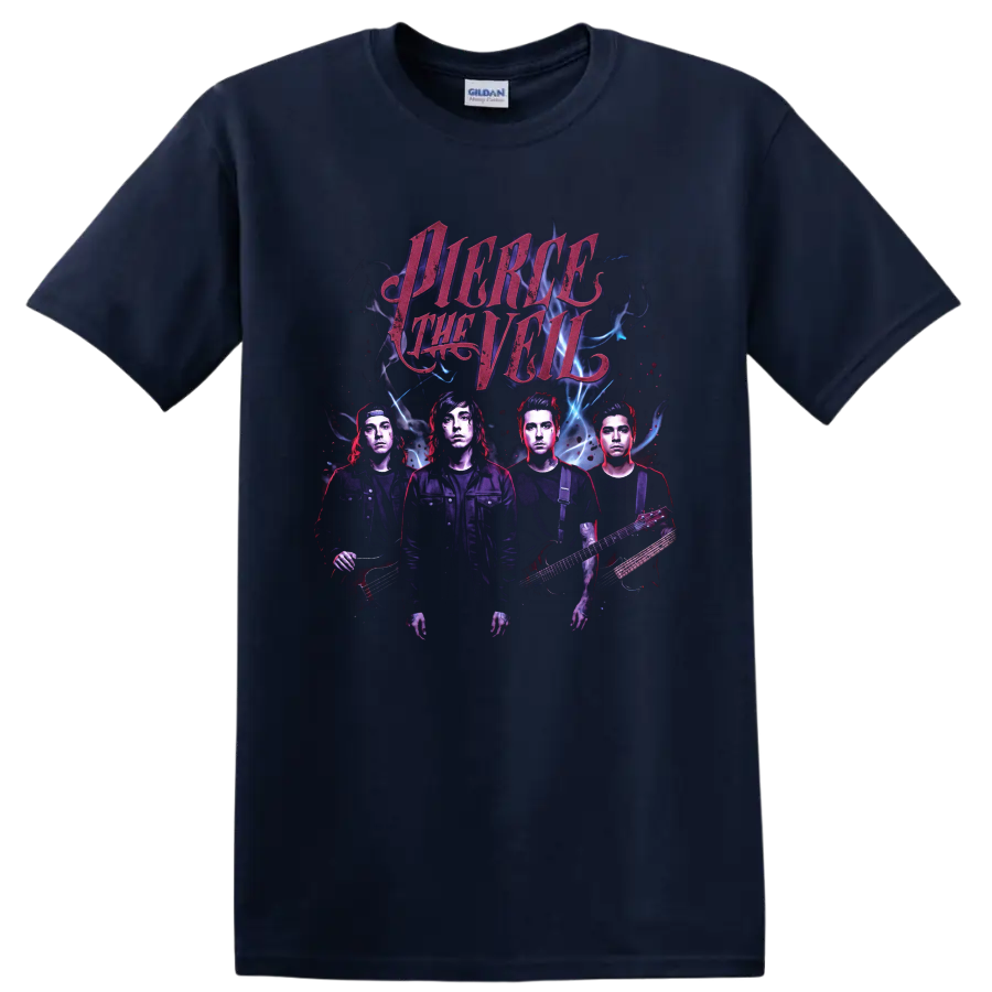 Pierce the Veil Misadventures-era rock band portrait graphic print on a Navy (Blue) T Shirt