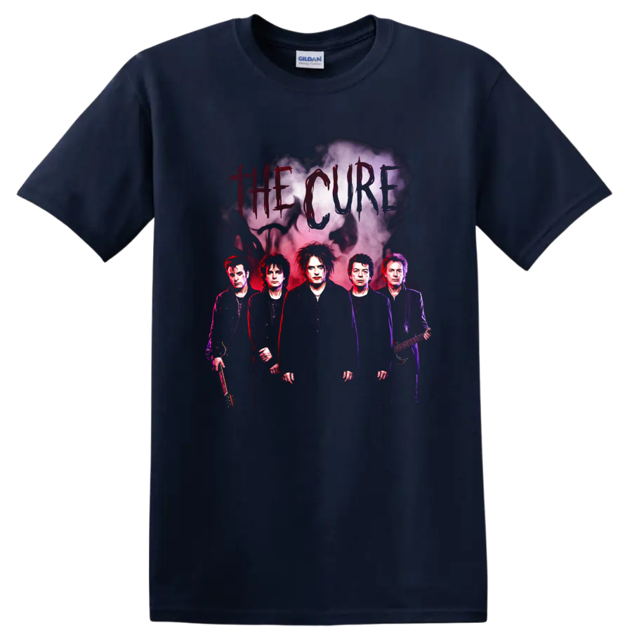 The Cure gothic rock band portrait with smoky cloud graphic on a Navy (Blue) T Shirt