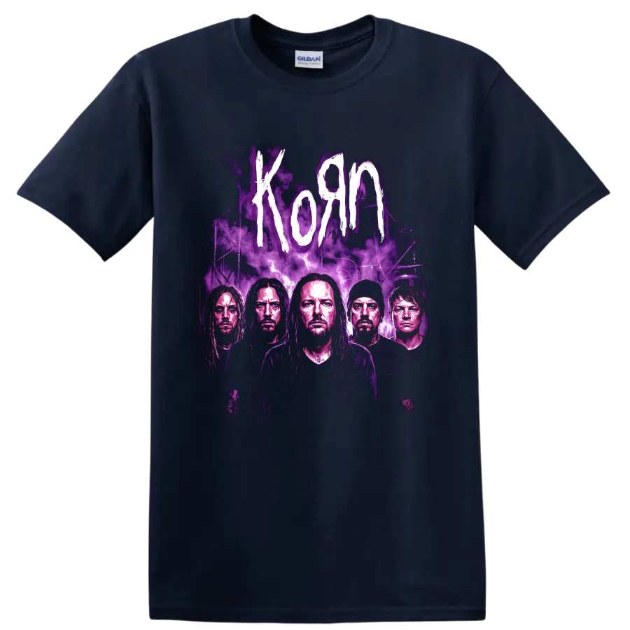 Korn band portrait graphic with purple smoke and distressed white lettering on a Navy (Blue) T Shirt