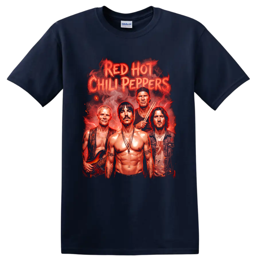Red Hot Chili Peppers fiery rock band portrait graphic with bold lettering on a Navy (Blue) T Shirt