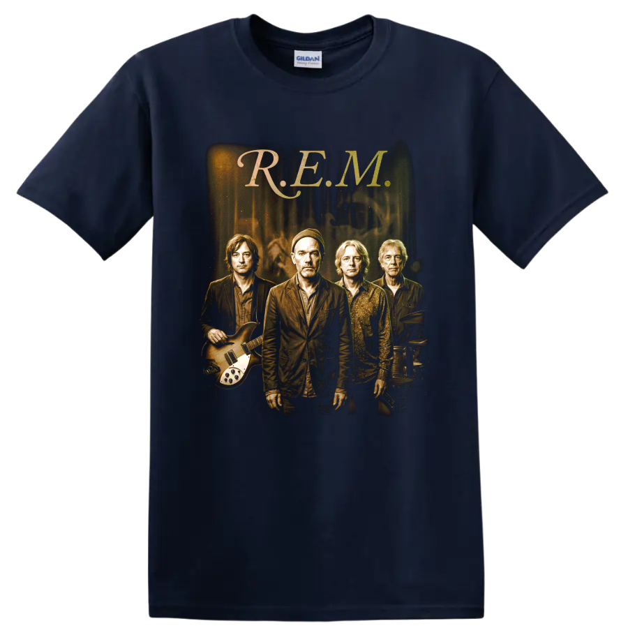 R.E.M. alternative rock band portrait with guitar and drums on a Navy (Blue) T Shirt