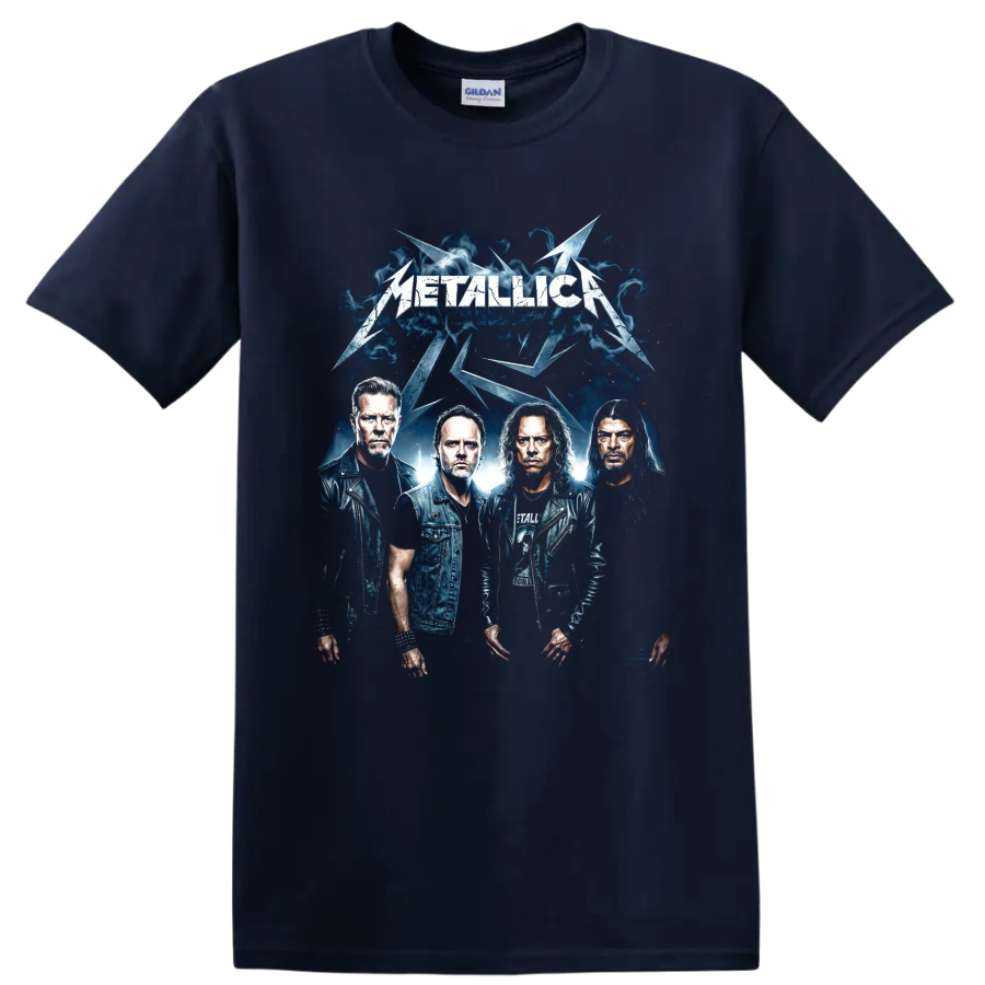 Metallica band portrait graphic with lightning and blue smoke on a Navy (Blue) T Shirt