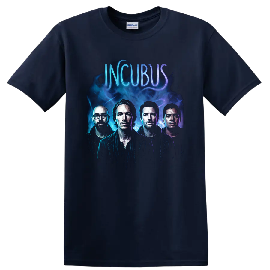 Incubus band portrait with blue smoke, purple light, and neon lettering on a Navy (Blue) T Shirt