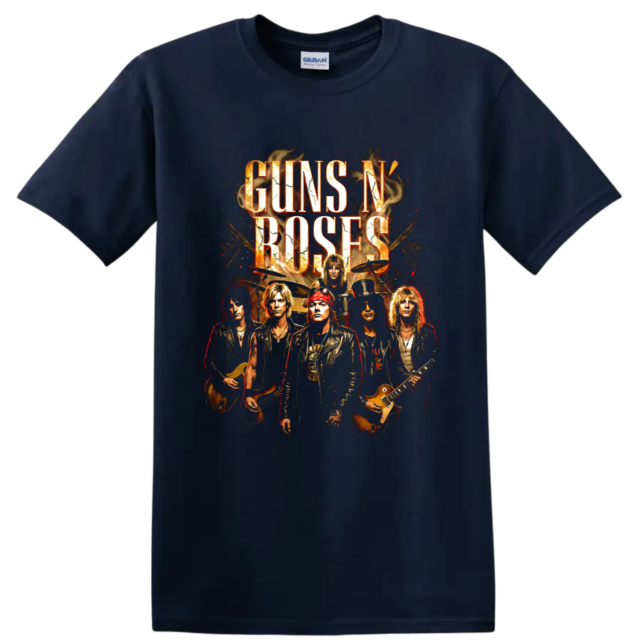 Guns N' Roses classic hard rock band graphic print with musicians and instruments on a Navy (Blue) T Shirt