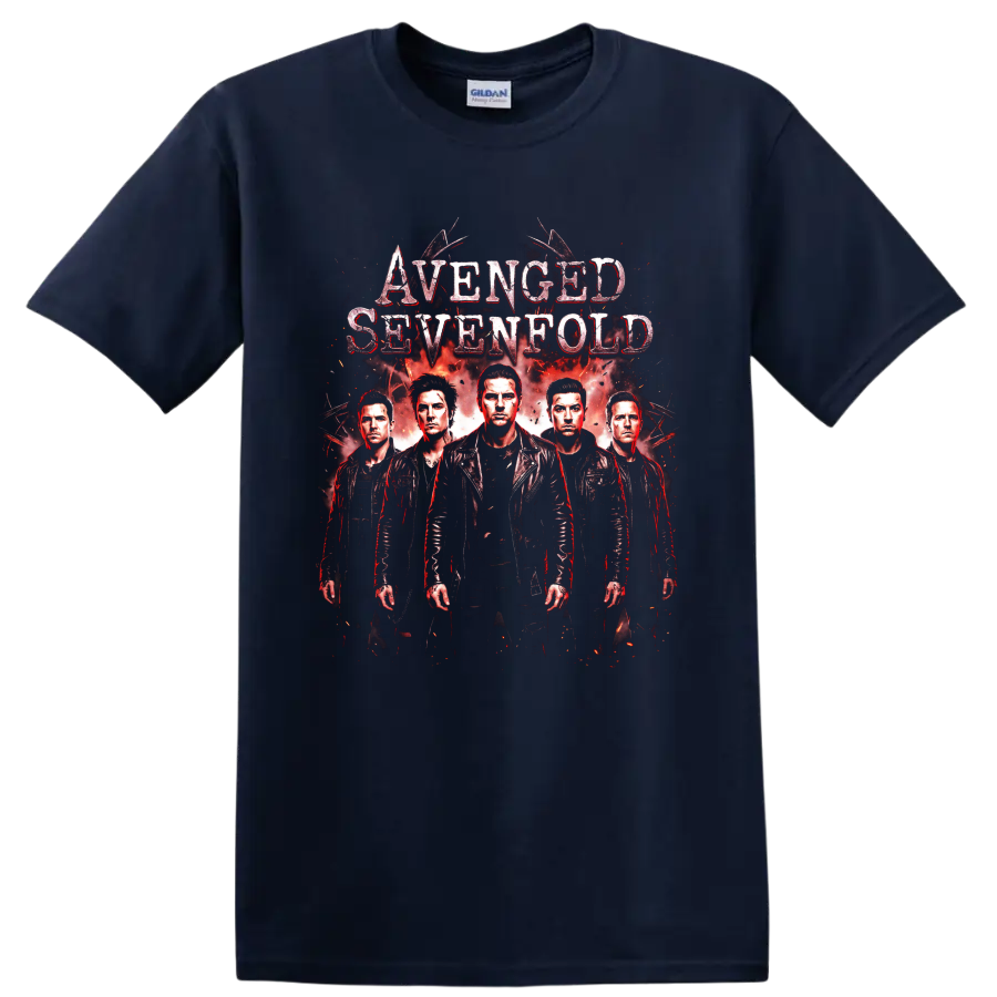 Avenged Sevenfold heavy metal band members red distressed graphic on a Navy (Blue) T Shirt