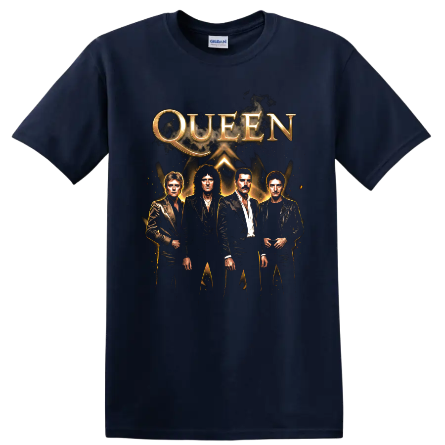 Queen rock band graphic with gold lettering and four portrait figures on a Navy (Blue) T Shirt