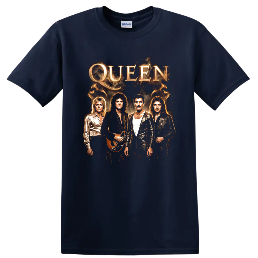 Freddie Mercury and Queen band portrait with gold QUEEN lettering on a Navy (Blue) T Shirt