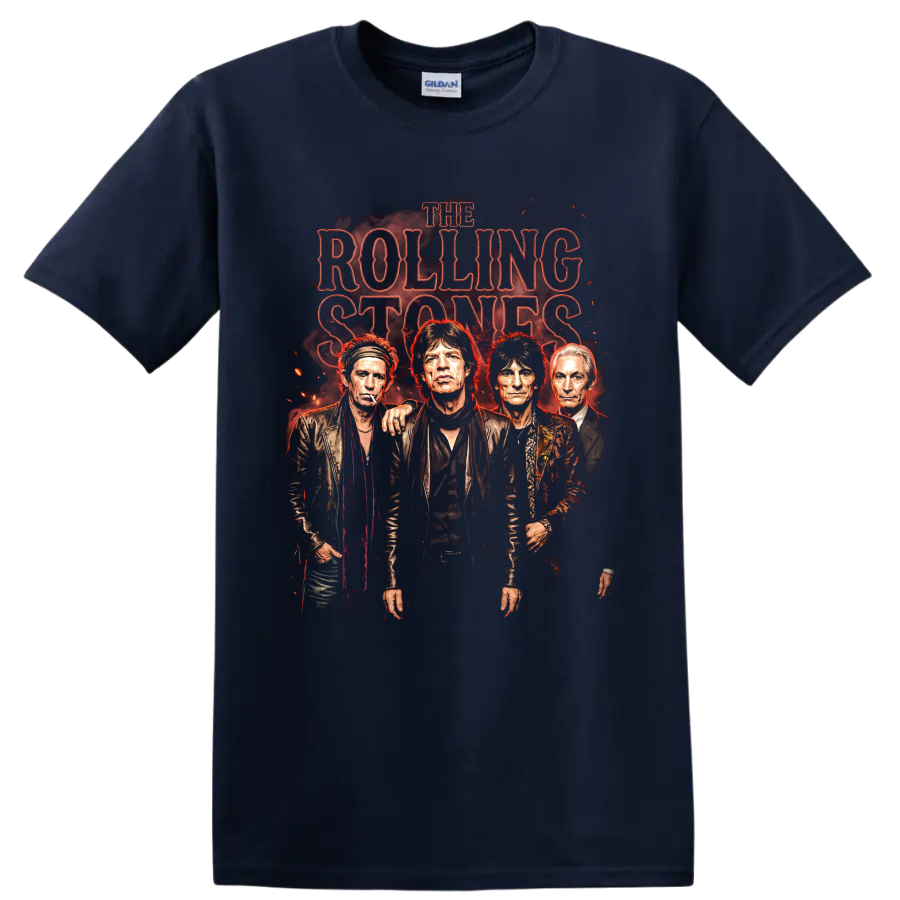The Rolling Stones vintage rock band portrait graphic with distressed red lettering on a Navy (Blue) T Shirt