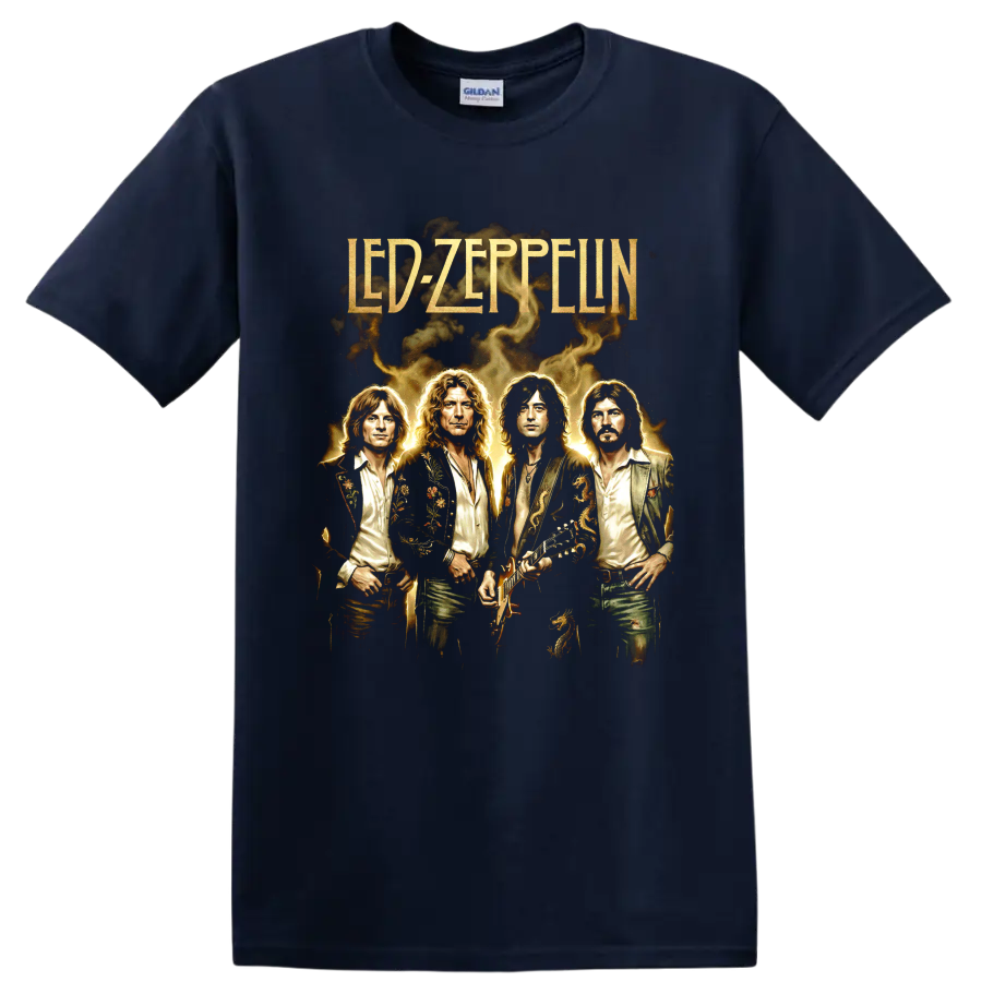 Led Zeppelin vintage band portrait artwork with gold lettering and guitar on a Navy (Blue) T Shirt