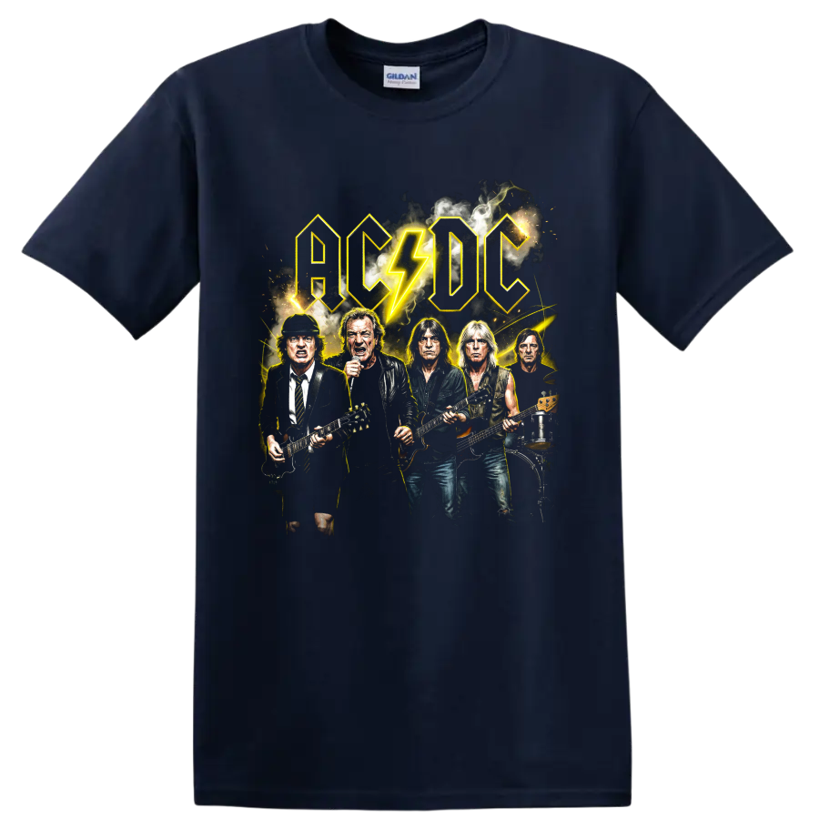 AC/DC hard rock band graphic with lightning bolt and musicians on a Navy (Blue) T Shirt