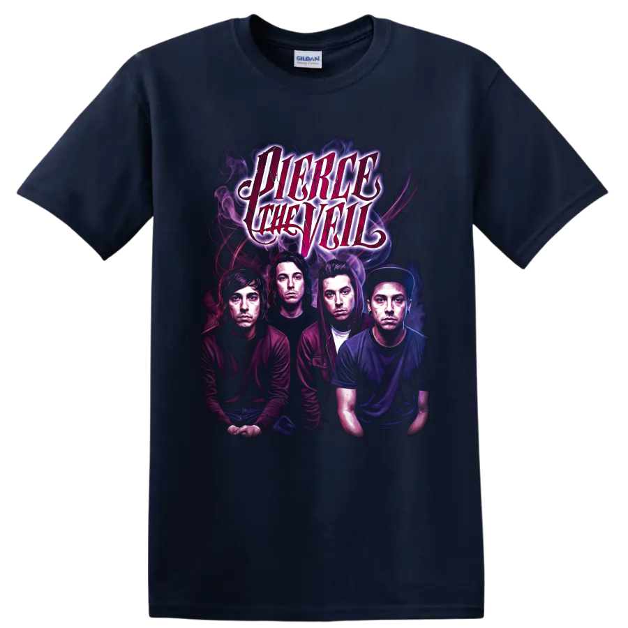 Pierce the Veil post-hardcore band portrait graphic with distressed lettering on a Navy (Blue) T Shirt