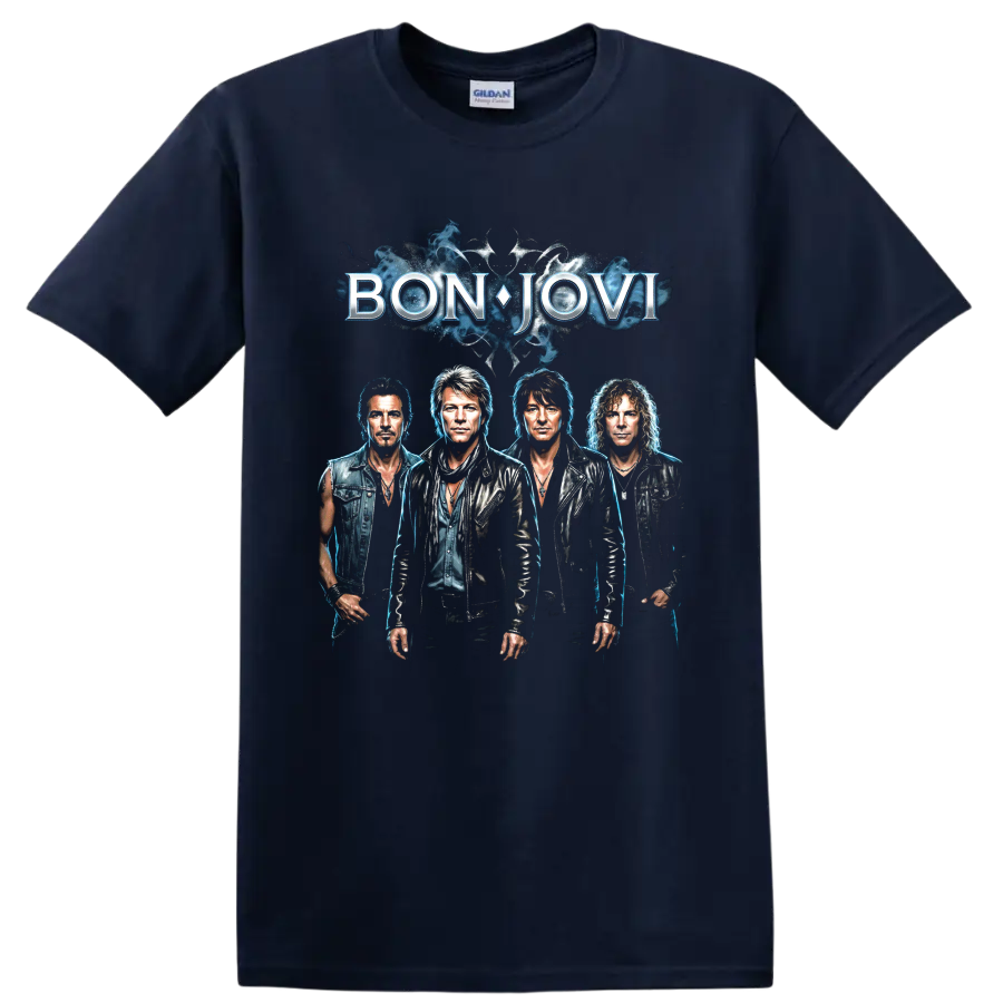 Bon Jovi band portrait graphic with blue smoke and bold logo on a Navy (Blue) T Shirt