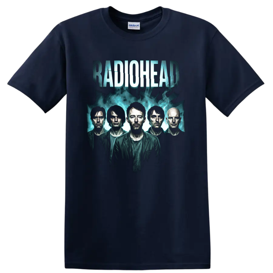Radiohead alternative rock band portrait with distressed lettering on a Navy (Blue) T Shirt
