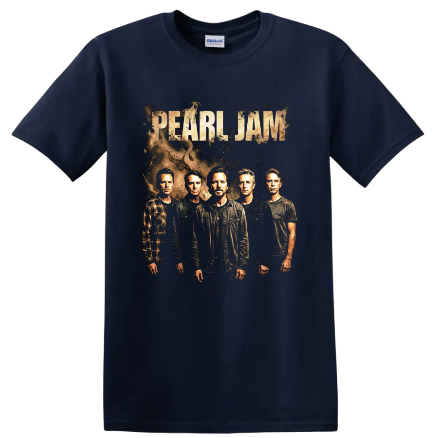 Pearl Jam band portrait with distressed lettering and grunge textures on a Navy (Blue) T Shirt