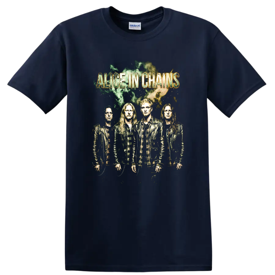 Alice in Chains grunge band poster graphic with four portraits on a Navy (Blue) T Shirt