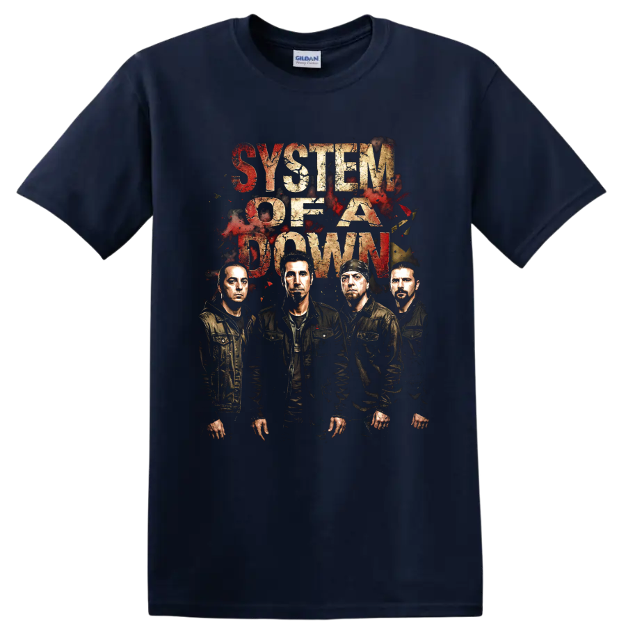 System of a Down distressed rock band portrait with bold lettering on a Navy (Blue) T Shirt