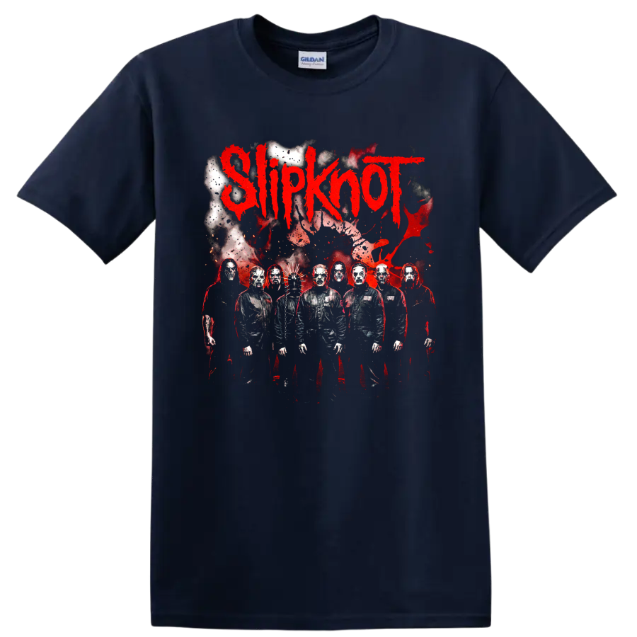 Slipknot logo with masked band members in a distressed red and black graphic on a Navy (Blue) T Shirt