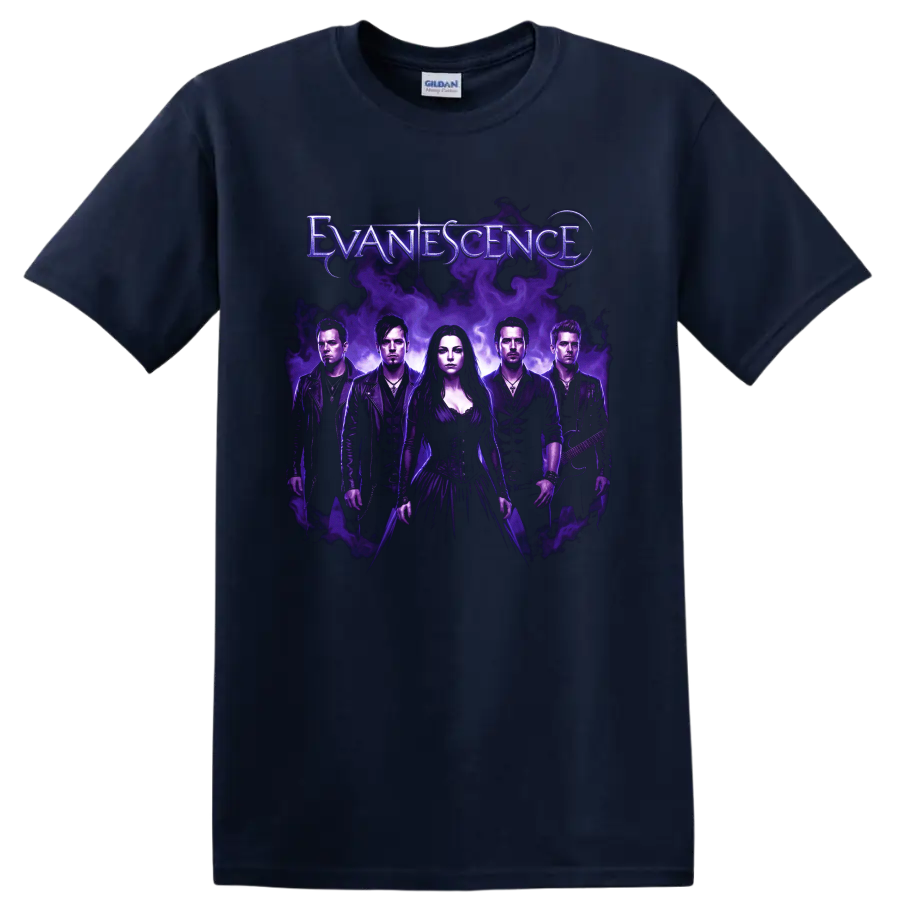Evanescence Amy Lee band portrait with purple smoke and gothic poster styling on a Navy (Blue) T Shirt