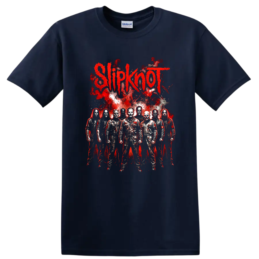 Slipknot masked metal band members with red horror-style graphic on a Navy (Blue) T Shirt