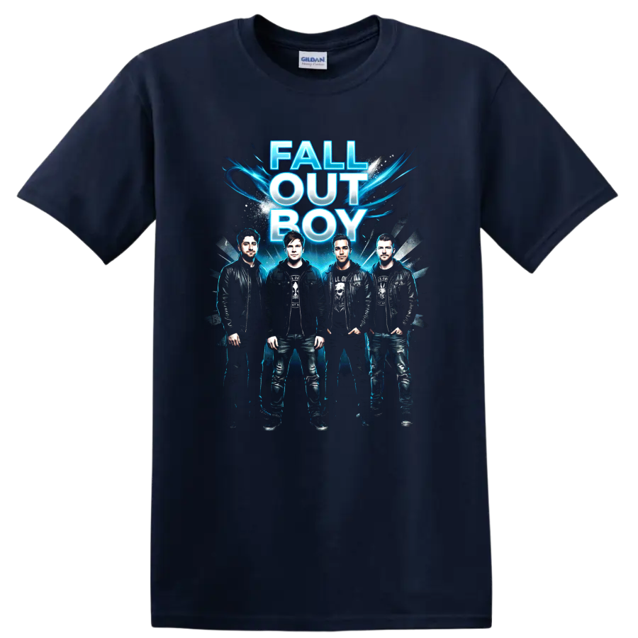 Fall Out Boy vintage emo rock poster graphic with blue lettering on a Navy (Blue) T Shirt