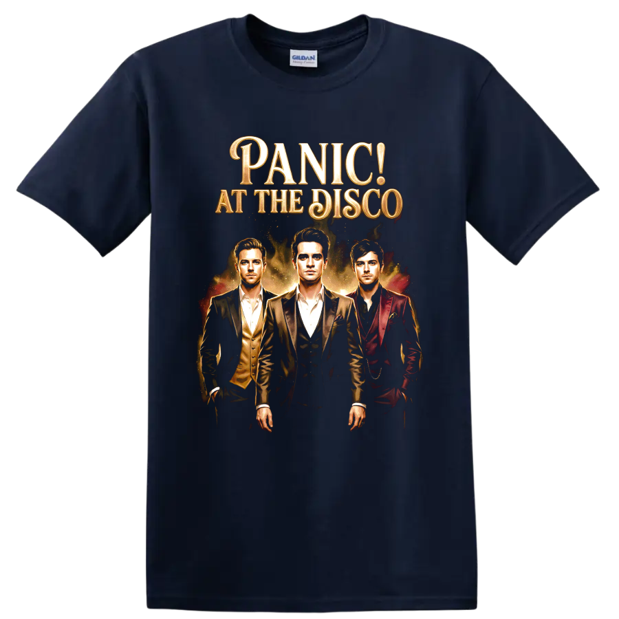 Panic! at the Disco vintage portrait graphic with ornate gold lettering on a Navy (Blue) T Shirt
