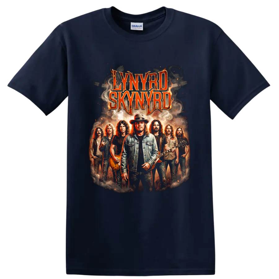 Lynyrd Skynyrd band lineup vintage rock poster graphic with guitars on a Navy (Blue) T Shirt