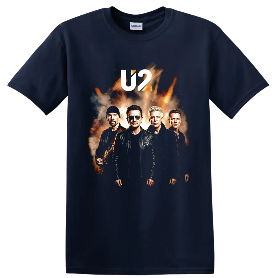 U2 Bono rock band portrait graphic with bold U2 lettering on a Navy (Blue) T Shirt