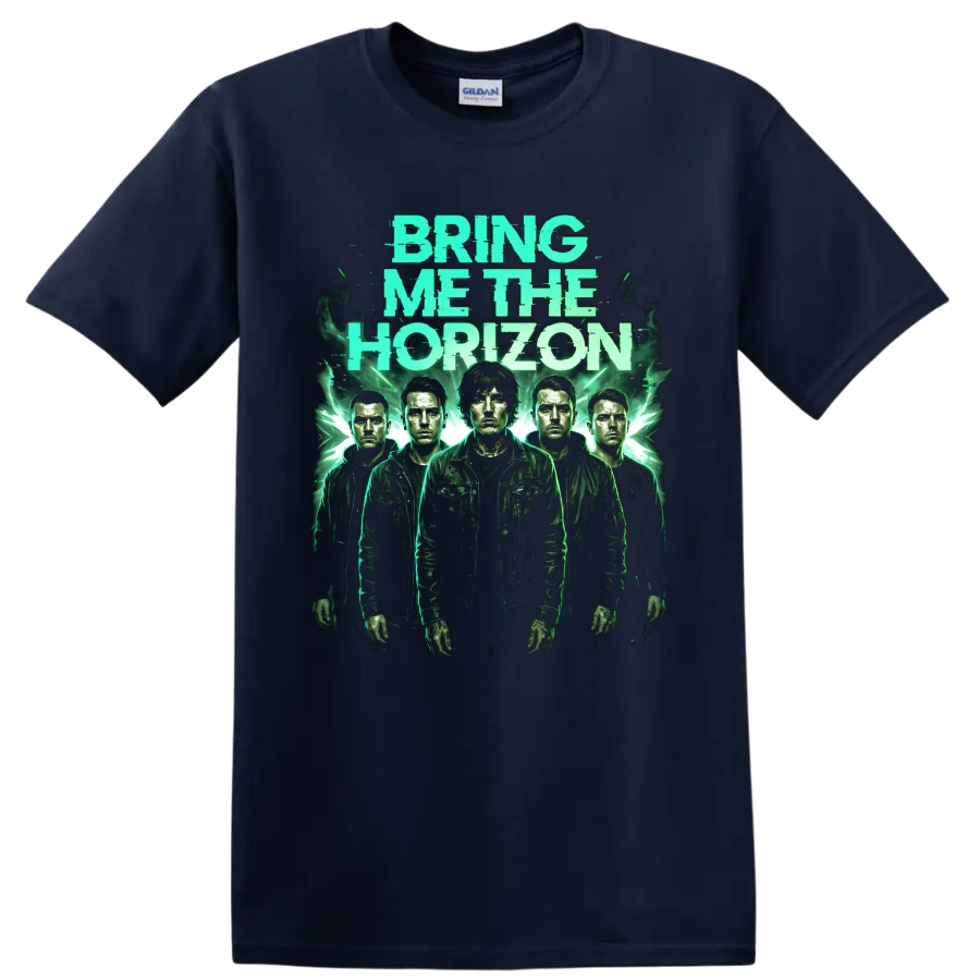 Bring Me the Horizon distressed green rock band portrait graphic on a Navy (Blue) T Shirt