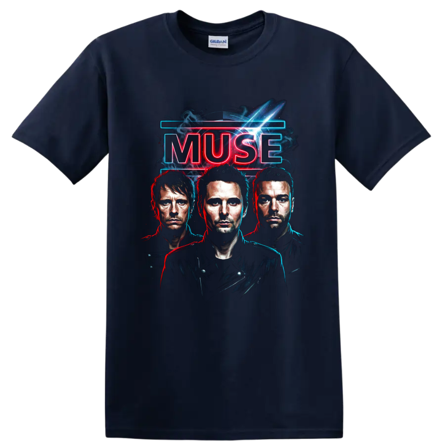 Muse neon rock band poster with three illustrated portraits on a Navy (Blue) T Shirt