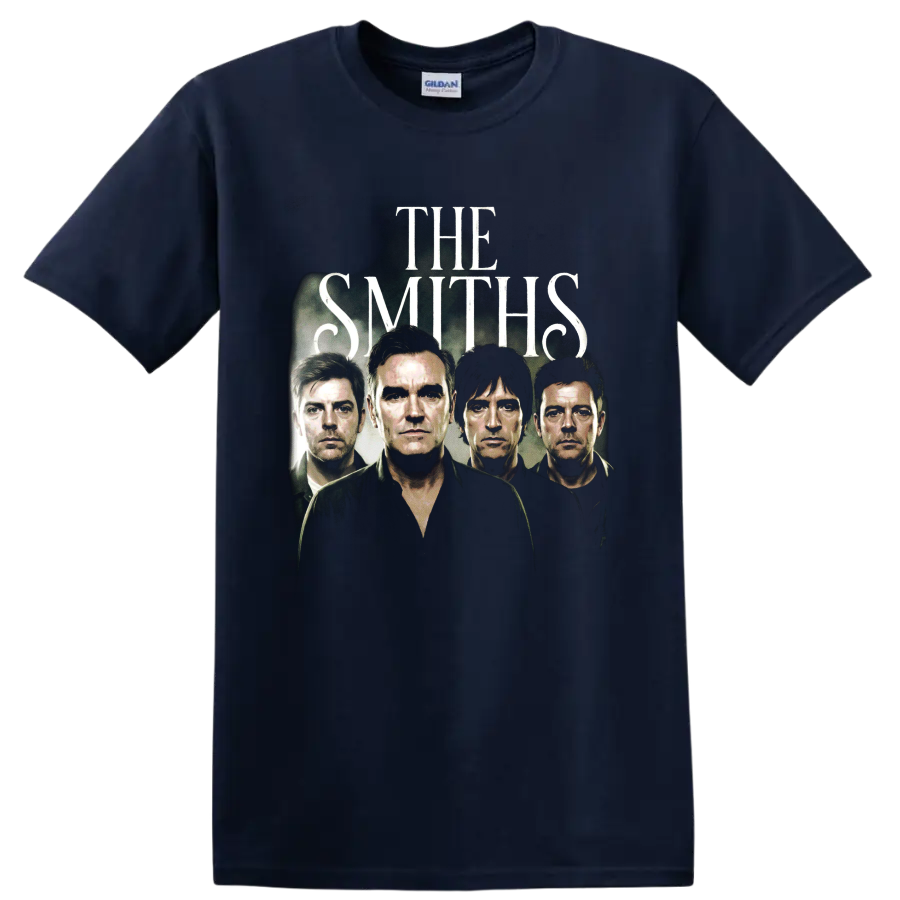 The Smiths brutalist alternative rock poster with four band portraits on a Navy (Blue) T Shirt
