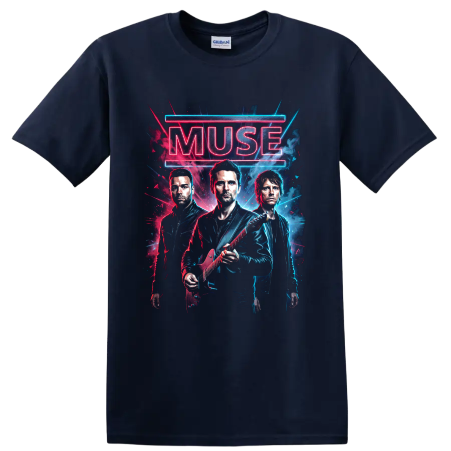 Muse neon rock band portrait with electric guitar and glowing lettering on a Navy (Blue) T Shirt