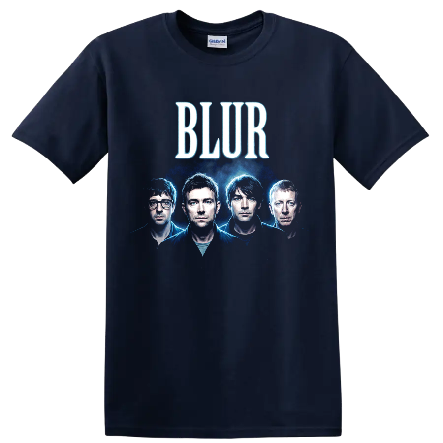 Blur Britpop band four-member blue portrait with bold BLUR lettering on a Navy (Blue) T Shirt