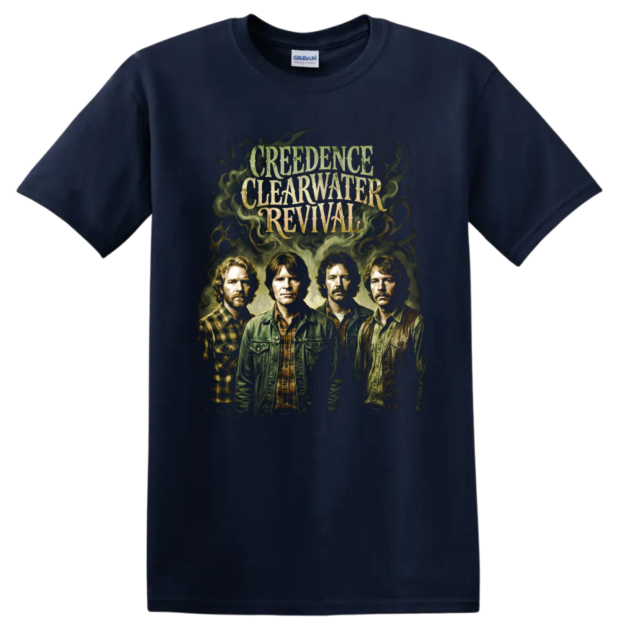 Creedence Clearwater Revival vintage band portrait graphic with distressed lettering on a Navy (Blue) T Shirt