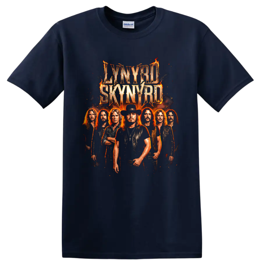 Lynyrd Skynyrd fiery Southern rock band poster graphic on a Navy (Blue) T Shirt