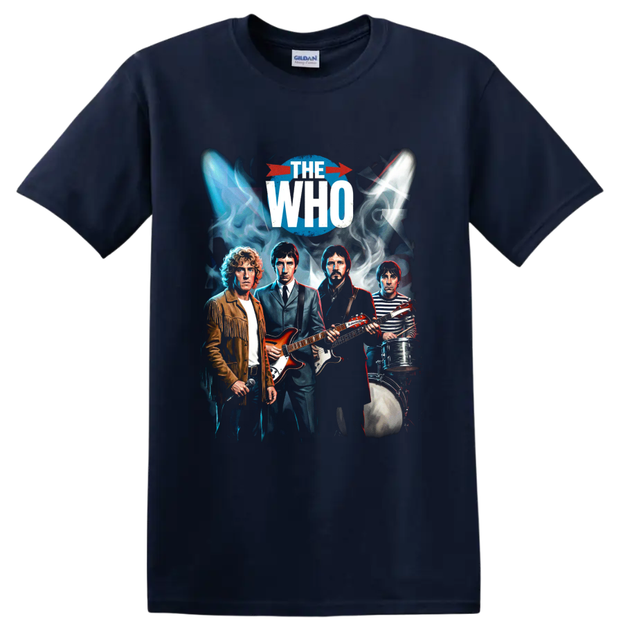 The Who John Entwistle rock band graphic with guitars, bass, and drums on a Navy (Blue) T Shirt