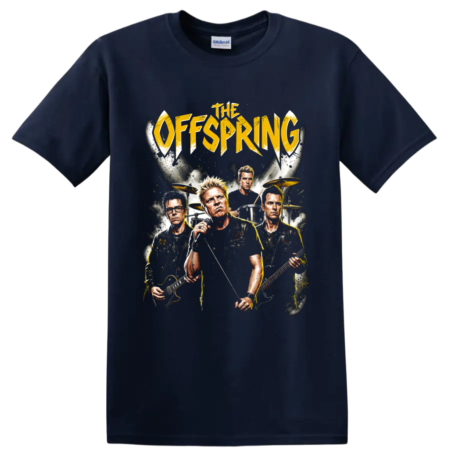 The Offspring punk rock band portrait graphic with distressed gold lettering on a Navy (Blue) T Shirt