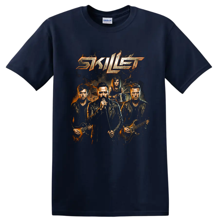 Skillet band logo graphic with vocalist, guitarists, and drummer on a Navy (Blue) T Shirt