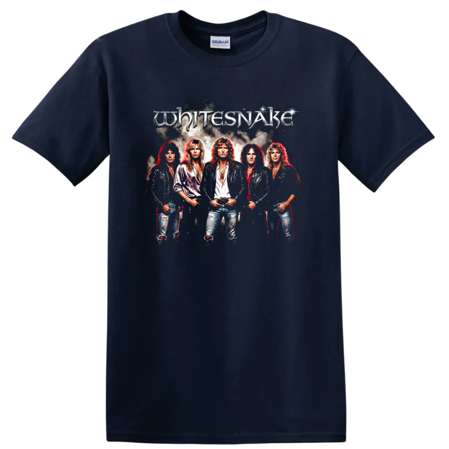 Whitesnake 1987 hard rock band portrait with metallic logo graphic on a Navy (Blue) T Shirt