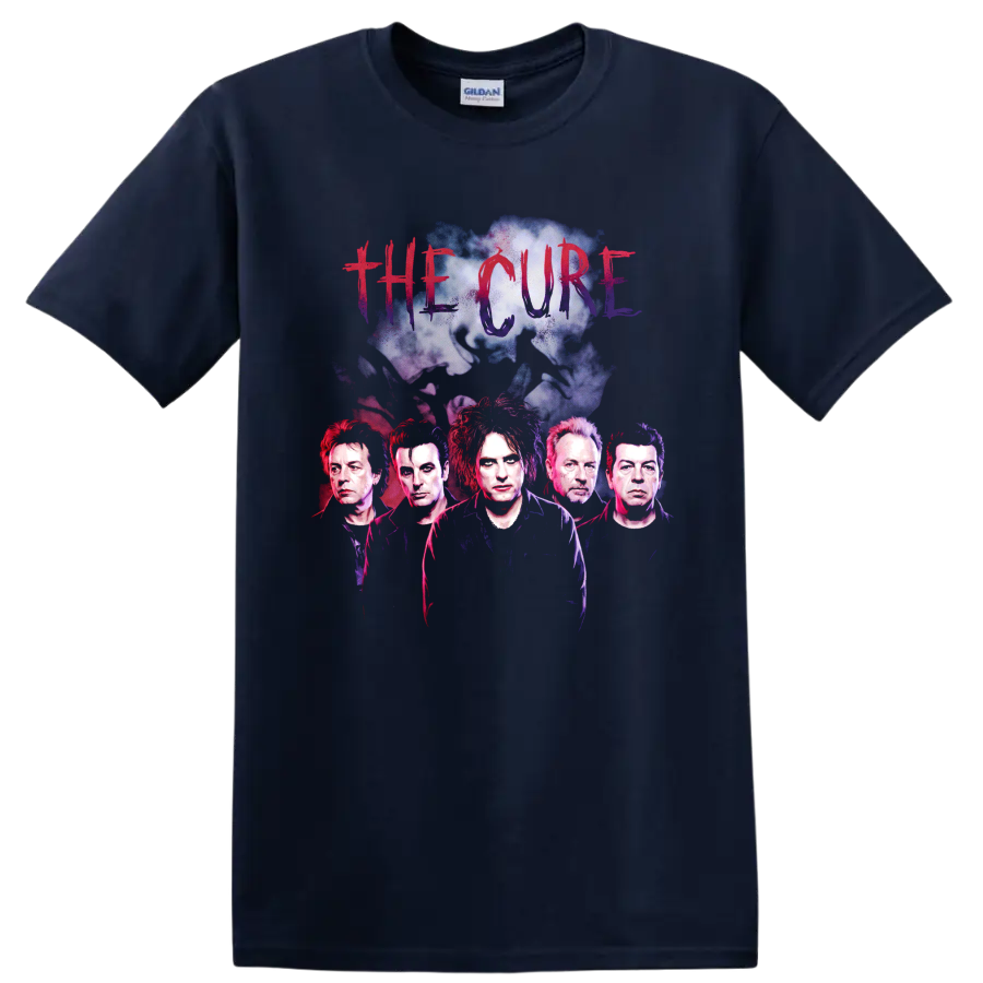 The Cure post-punk band graphic with five portraits and distressed lettering on a Navy (Blue) T Shirt