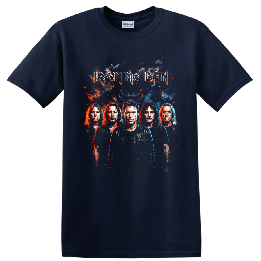 Iron Maiden band portrait with smoky fire effects and angular lettering on a Navy (Blue) T Shirt